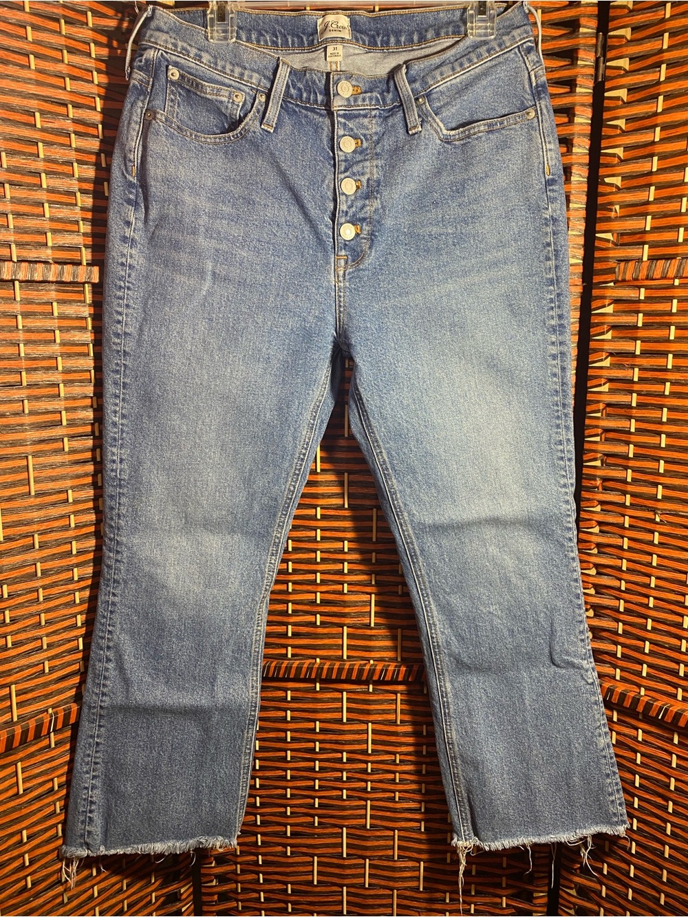 J.Crew Denim High Rise Button Fly Crop Jeans Women’s Size 31 Blue Raw Hem